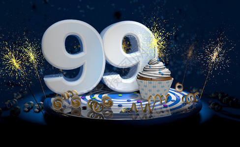 带有闪发光的蜡烛9岁生日或周年纪念纸杯蛋糕白色大号蓝桌子上有黄彩带深背景充满火花3d插图岁生日或周年纪念蛋糕深色背景充满火花3d图片
