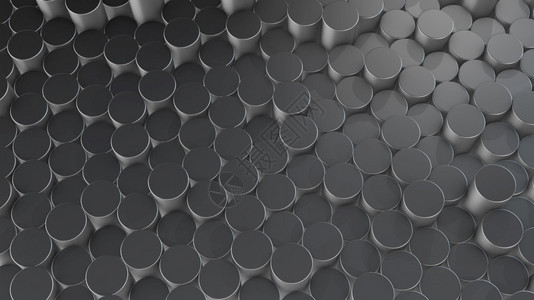 灰色的3D虚拟空间中抽象圆柱形几何铝表面的三维翻接随机定位几何形状由气瓶制成的亮光和美丽背景形象建筑学图片