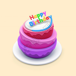 生日蛋糕在橙色背景上孤立的生日蛋糕3D插图生日蛋糕五彩纸屑盘子可口图片