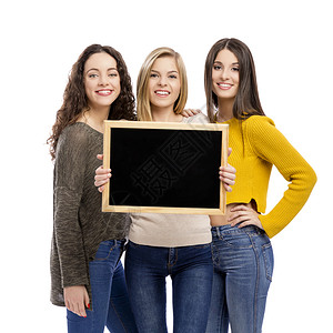 幸福白色的女孩们三个少拿着黑板的演唱室肖像图片