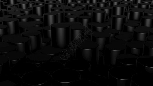 制作简单的3D虚拟空间中抽象圆柱形几何黑色表面的三维翻接随机定位几何形状由圆柱体制成的明亮和美丽背景使成为图片