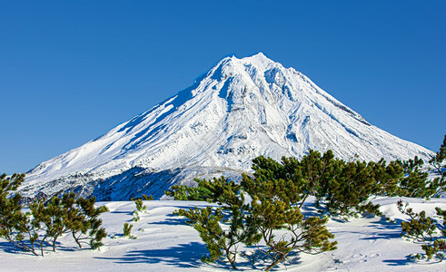 高的索普卡维柳钦斯基雪中的Vilyuchinsky火山在冬季的堪察特卡半岛图片