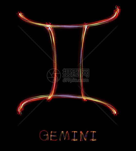 日历双子座黑背景的光下Zodiac标志插图丰富多彩的图片