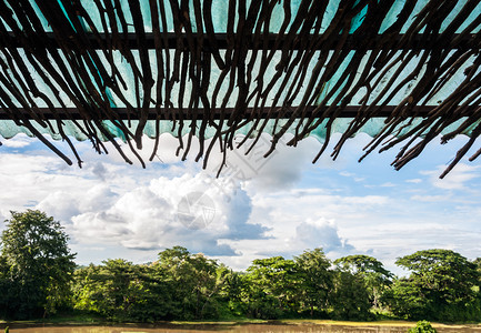 夏天从小屋木叶的热带风景窗户自然图片