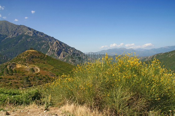 Corsica的景观和山上旧石头堡垒日落结范围图片