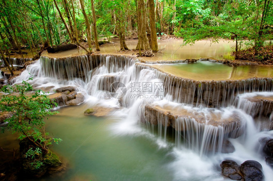 流动的溅叶子泰国深森林瀑布图片