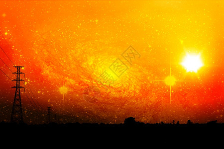 网络车站变压器以橙色天空和银河系为核心的玉米田中央高压电极图片