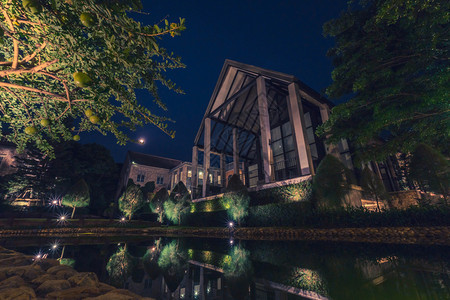 屋花园木头英国乡村风格建筑的美丽装饰夜间配有绿色爬行器厂布满绿色越野植物图片