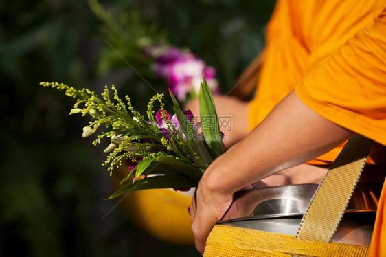 近亲佛教僧侣在上午的宗教文化生活方式与宗教文化交汇期间接受食物和鲜花以为主携带东南仪式图片
