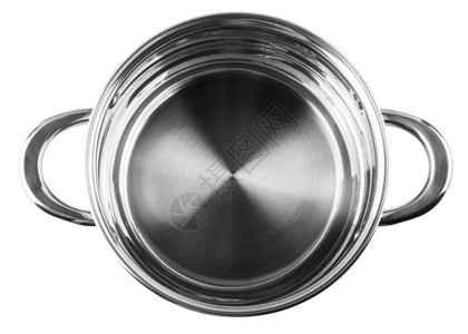 蒸汽晚餐烹饪不锈钢锅没有遮盖的钢锅白色背景孤立于从顶部视图背景图片