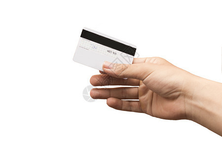 女手持信用卡在白色上被孤立零售销交换图片
