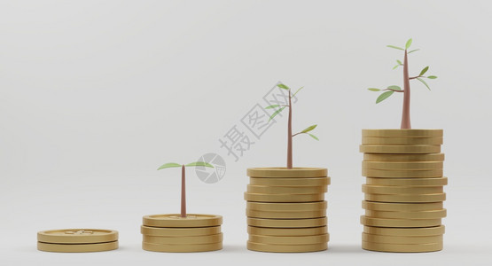 象征经济3D在硬币堆叠增长图上种植树关于白背景的商业投资概念和储蓄金的商业投概念成功图片