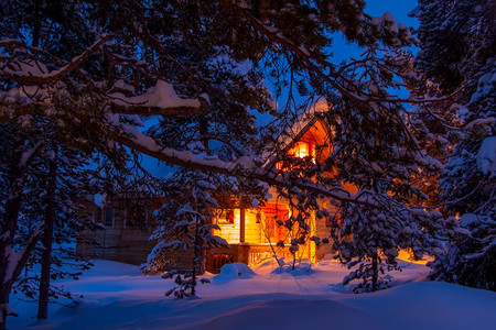 本底雪松树枝和浅森林小屋中覆盖着大顶雪亮小屋盖的松树枝布满了大片雪白小屋盖晚上拉普兰黑暗的图片