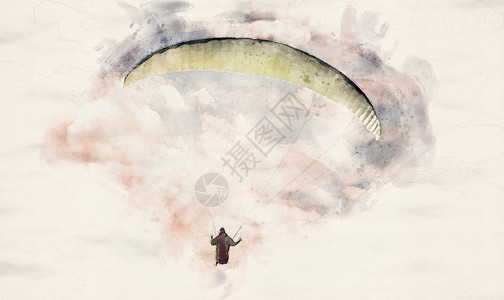 滑翔伞在云层中飞行的水彩图示运动降落伞溅图片