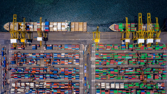 商业的港口空中观货集装箱船商业全球进出口海上物流运输海公司船只和舶国际航空运输包括后勤商品图片
