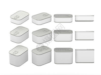 罐头金属一套不同尺寸的白色矩形锡罐一般可包装各种食品产的白色空标签准备用于设计或艺术品剪切路径包括车轴A为各种食品产安装白色空标图片