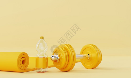 目的身体肌肉发达运动健身装备与瑜伽席边饮用水瓶和糊黄色背景的哑铃相配适合和体育概念Monorcolor3D插图图片