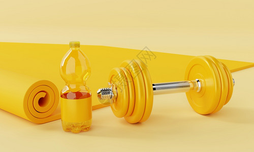 肌肉运动健身装备与瑜伽席边饮用水瓶和糊黄色背景的哑铃相配适合和体育概念Monorcolor3D插图重量使成为图片