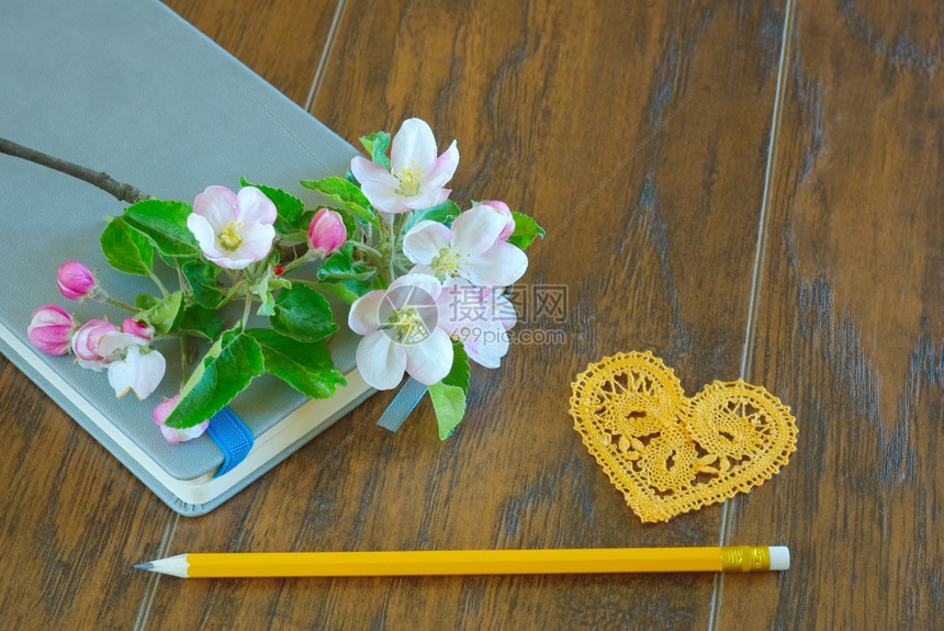 书春天花鲜铅笔和歌词日记浪漫信息笔本求爱写字符号邮件图片