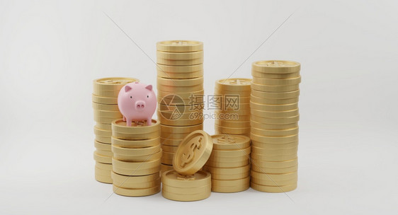 粉红小猪银行和金币堆叠在白色背景上节省金钱和融规划概念3D翻转投资使成为渲染图片