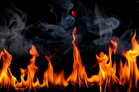 灾难黑底烟雾的火焰燃烧红色热火花上升橙发光的飞粒红色图片