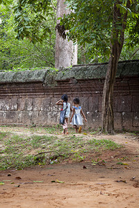 树两个小女孩在石墙上走着两个小女孩们白天图片