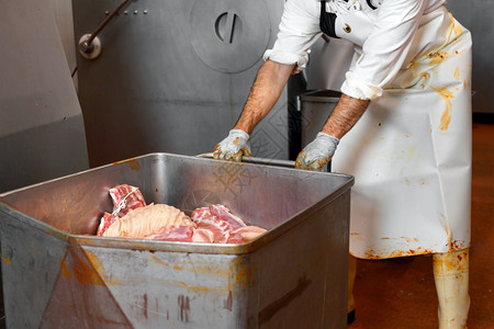 为了猪工作在肉类加厂生产香肠的人操作机械高质量照片在肉类加工厂生产香肠的人操作机械图片