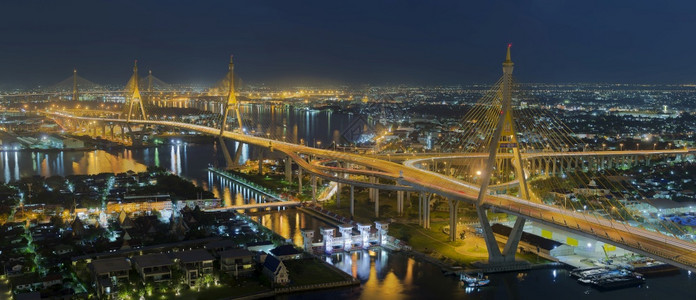 工程地标过山车Bhumibol大桥也称为工业环位于黄昏大图片