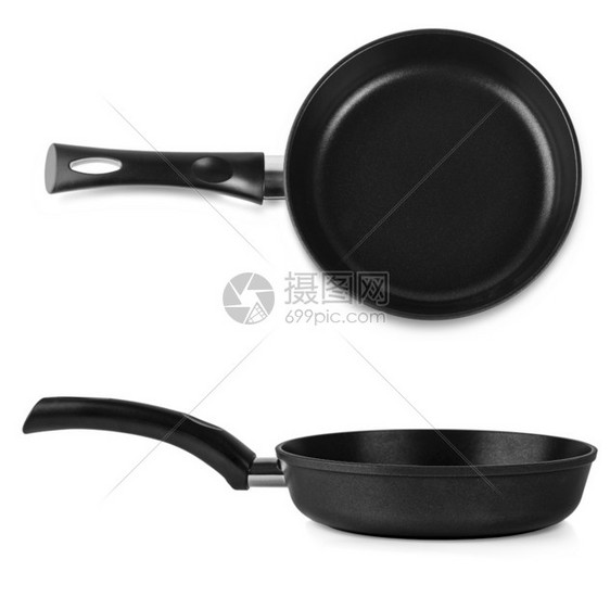 金属白色背景上的黑煎锅白背景上的黑煎锅用具圆形的图片