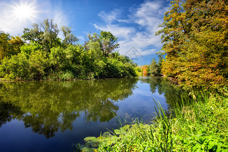绿色蓝河或湖海岸上有绿树阳光夏日的太生态清洁绿色的地球自然旅行和独居的概念蓝色河或湖岸上有绿树蓝色的天空池塘图片