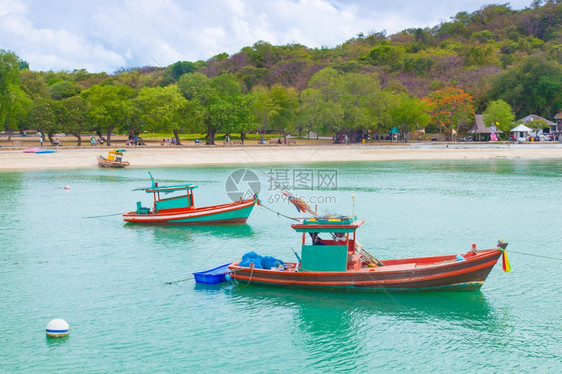 旅游海岸线小渔船停泊在山和树后面的海上小型渔船木头图片