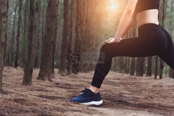 在户外运动和自然概念生活方式和动概念松树主题前在森林里跑步之前近身下做瑜伽和伸展腿的女子积极的拉伸女士图片