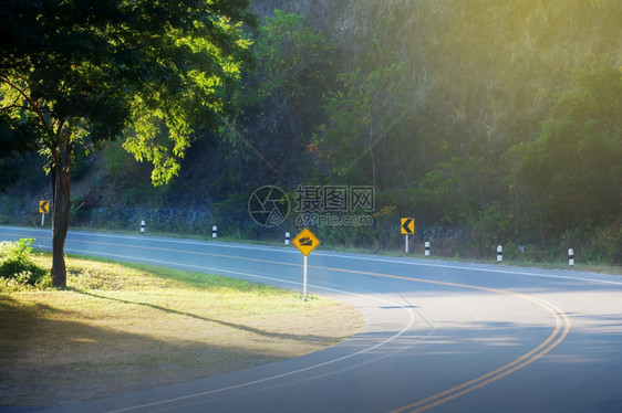 偏僻的安宁黄日出时一个空的弯曲森林道路和黄色警告信号以沥青路为重点质地图片