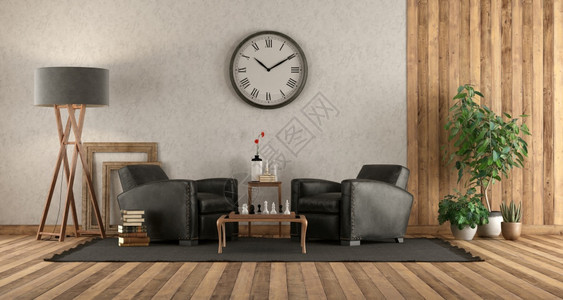 生锈的客厅用优雅皮革手椅和木制咖啡桌上的象棋盘3D使客厅采用锈制风格灰泥房间优质的图片