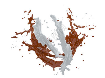 溅液体饮料3d巧克力和牛奶在白色背景上喷洒的3张插图附有剪切路径图片