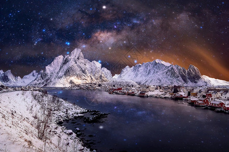 挪威冬季村庄极光星空图片