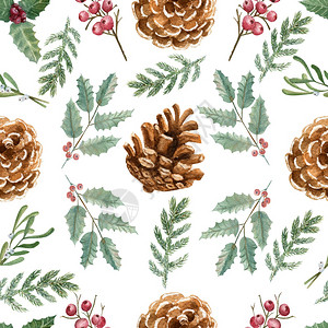 自然红色的织物无缝模式包括锥壳空心浆果水花彩色圣诞插图无缝模式以及甜瓜水花红圣诞插图图片