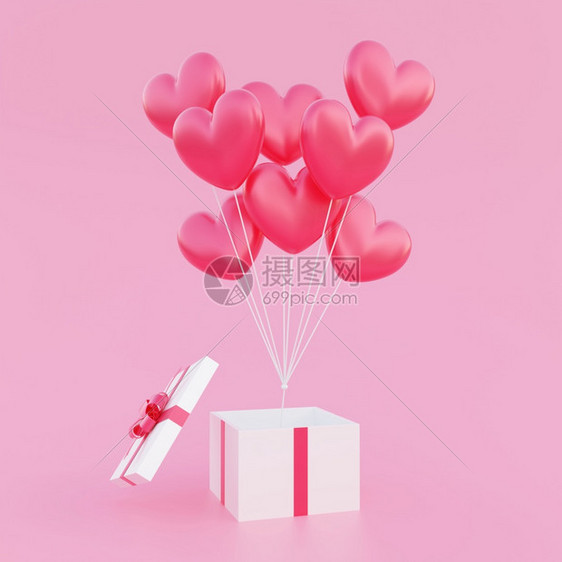 Valentiersdaylove概念背景红色3D心形气球花束从打开的礼物盒中漂浮出来红色的生日实际图片
