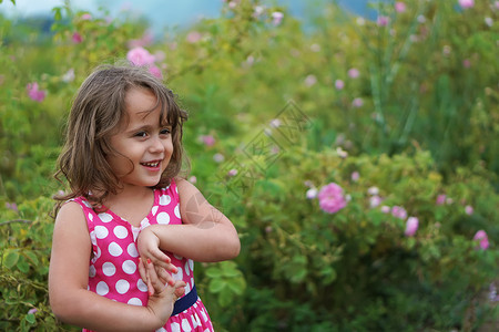 在保加利亚玫瑰谷的小女孩在保加利亚香水花瓣粉彩图片