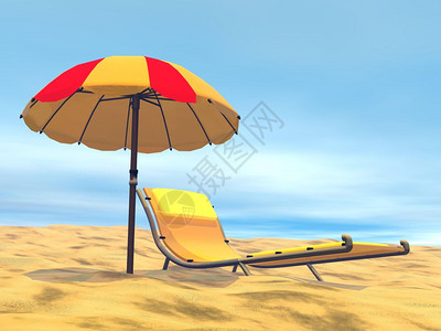 场景沙滩上长椅旁的多彩雨伞由美丽的热天气伴着夏日放松3D转换热带休息背景图片