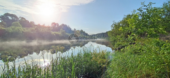 荒野清晨的日出美妙夏风景清晨的雨雾笼罩在河中清晨的月亮雾笼罩着河流夏天的清晨森林喷洒在河中射线太阳图片