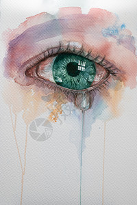 悲伤睫毛美丽的水彩画用绿色的眼泪和滴哭泣压力图片