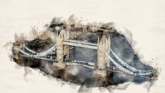 伦敦塔大桥空中视图水彩色示LondonTowerBridge文化绘画城市景观图片