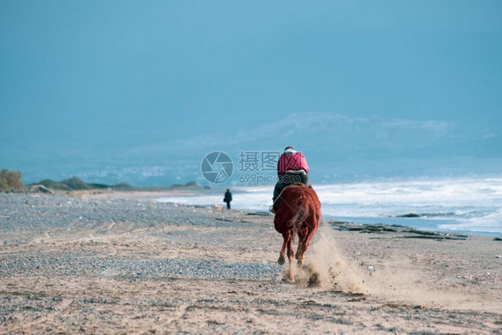 美丽的埃里尼水男人在塞浦路斯AyiaErini海滩上骑着棕色快马图片