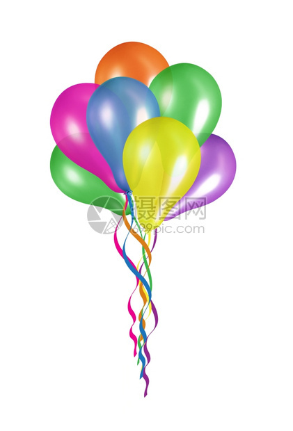 氦白色背景上孤立的彩色气球反射蓝的图片