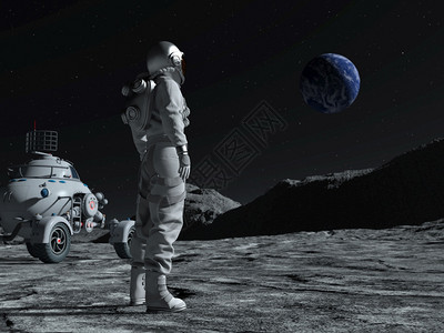 旅行卫星黑暗的在月球上太空行走的宇航员仰望着地球紧靠他旁边是一辆月光车3D号向月球上太空行走的宇航员图片