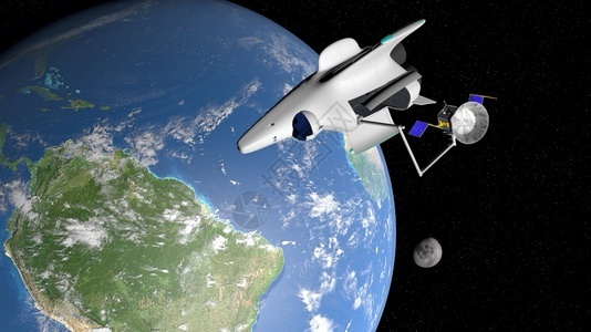 一种极好的机械在地球行星轨道上放置一颗通信卫星在3D背景插图中带有月亮和太阳的卫星这是幻想般的航天飞机图片