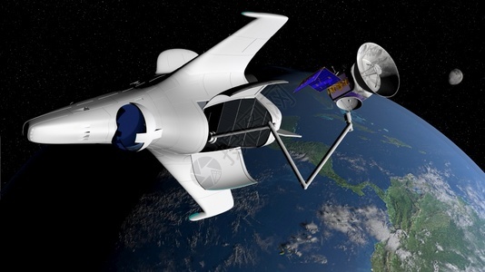 在地球行星轨道上放置一颗通信卫星在3D背景插图中带有月亮和太阳的卫星这是幻想般的航天飞机基多星系工程图片