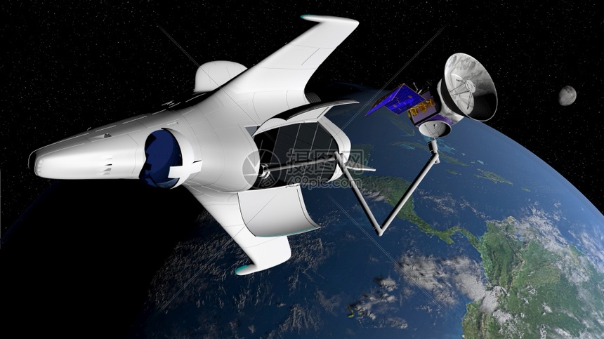 在地球行星轨道上放置一颗通信卫星在3D背景插图中带有月亮和太阳的卫星这是幻想般的航天飞机基多星系工程图片