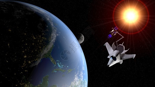 在地球行星轨道上放置一颗通信卫星在3D背景插图中带有月亮和太阳的卫星这是幻想般的航天飞机文学中殿厄瓜多尔图片